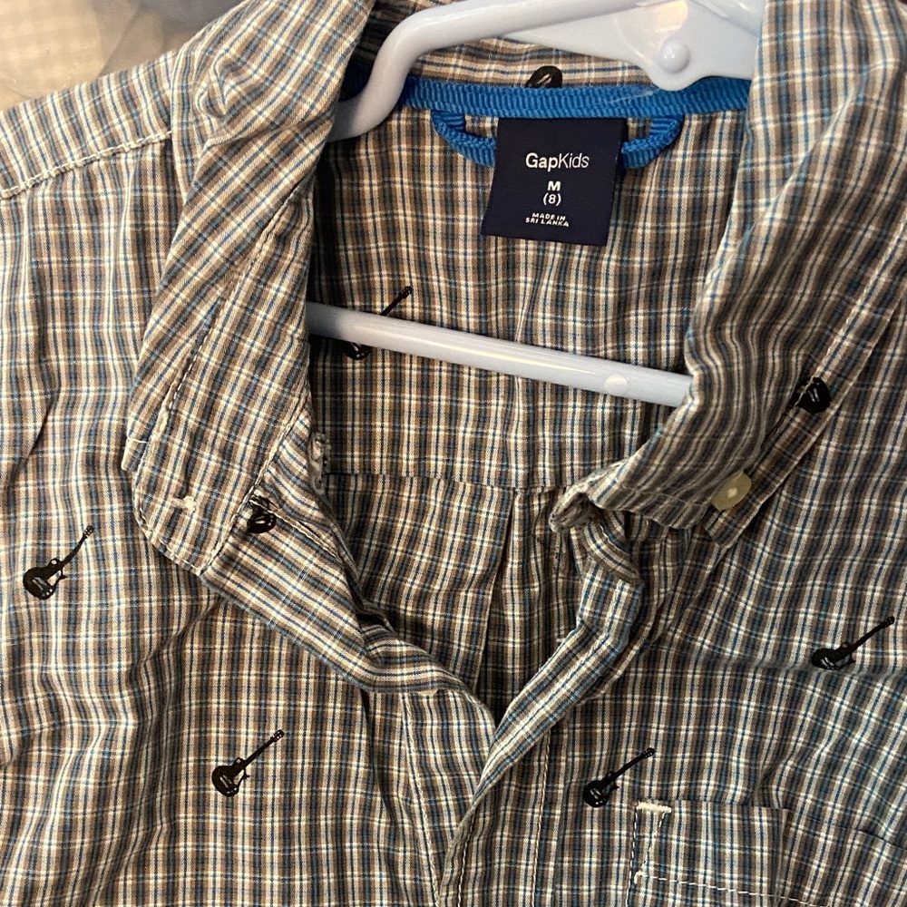 GapKids Plaid Button-Up Shirt with Guitar Print, Blue, Green & Tan
